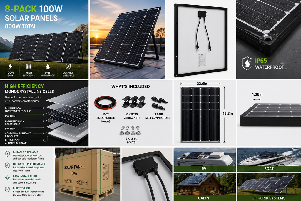 8-Pack 100W Solar Panels – 800W Total