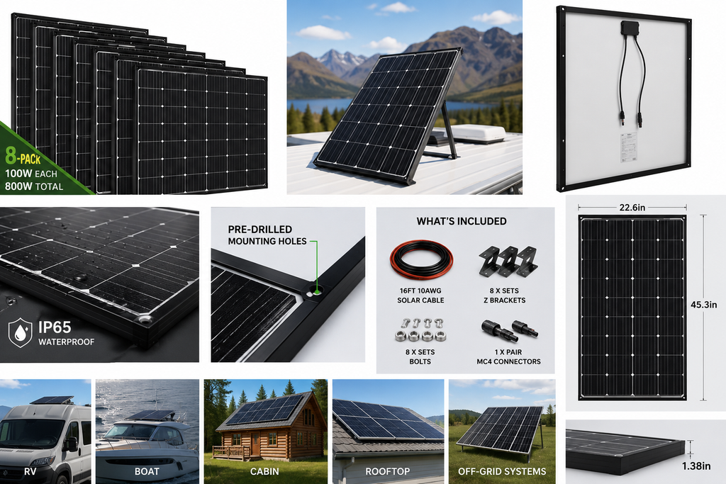 8-Pack 100W Solar Panels – 800W Total