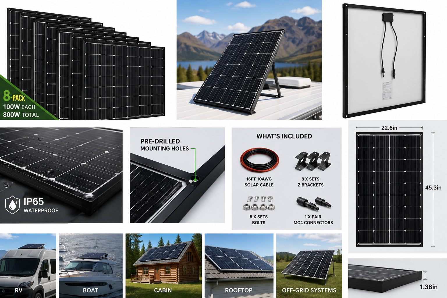 8-Pack 100W Solar Panels – 800W Total