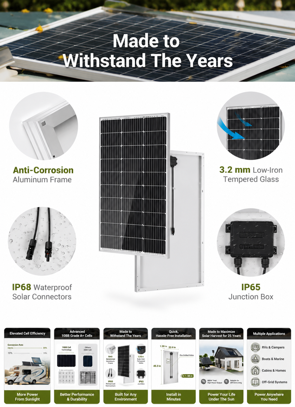 8-Pack 100W Solar Panels – 800W Total