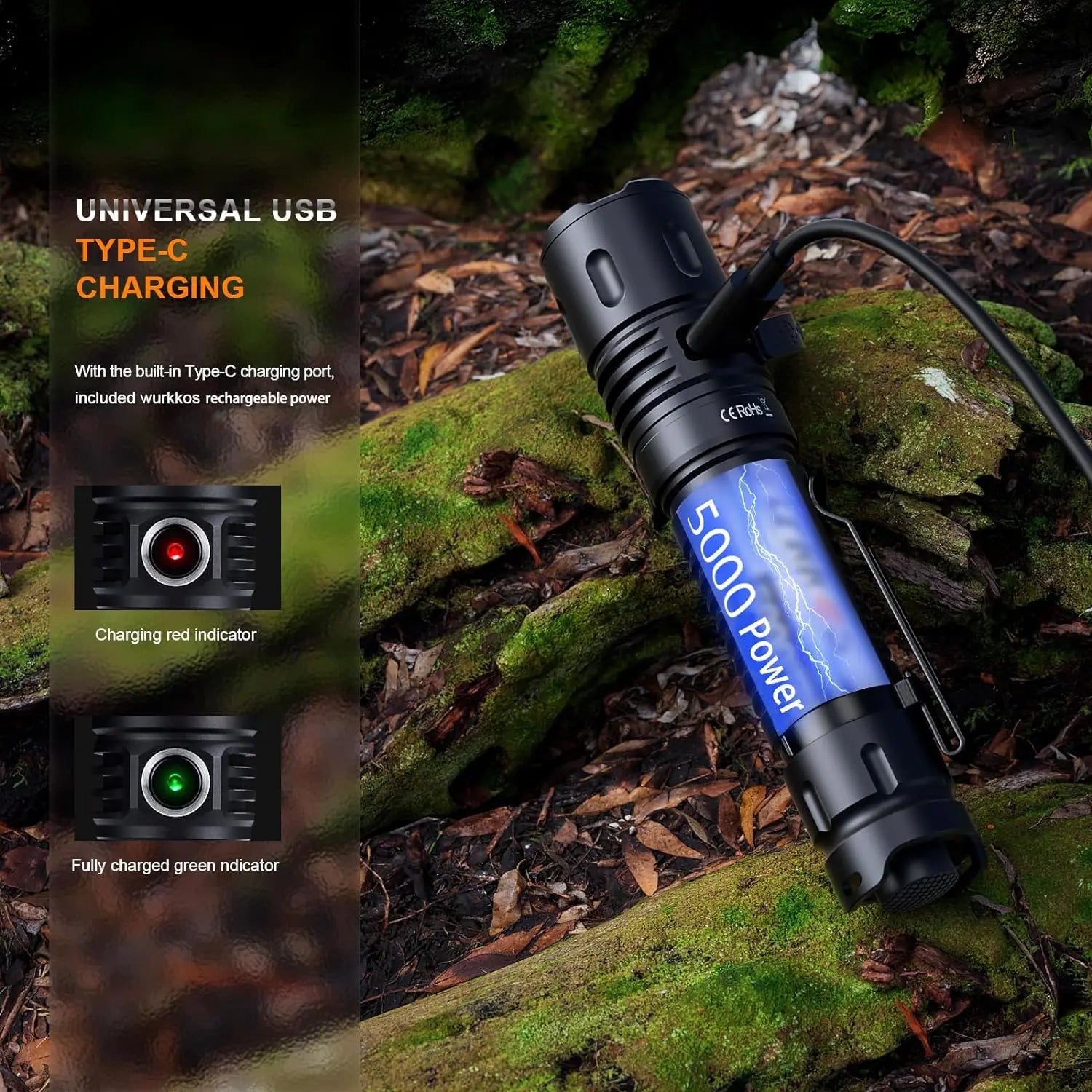 Brickbybrick 3000LM tactical flashlight outdoor survival gear USB-C rechargeable